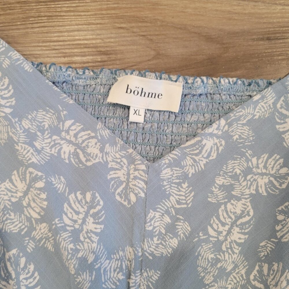 Bohme Dress Women XL Lt Blue Floral Midi Maxi Smocked Puff Sleeve Bohemian Ferns - Picture 3 of 7